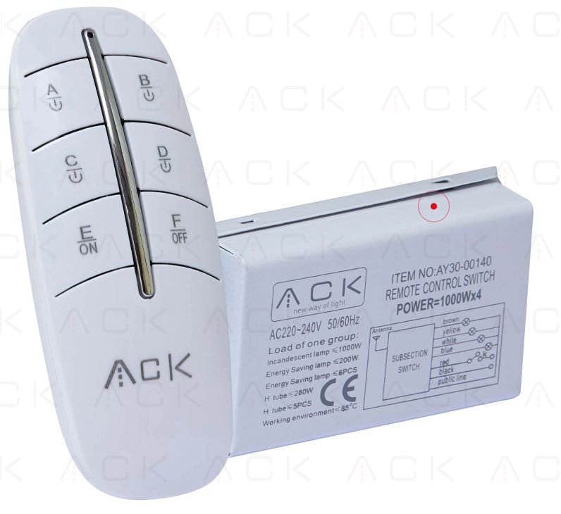 ACK ჭაღისკონტროლერი1000W ინკანდესენტური / 200W CF, დენის დაცვის ფუნქცია, RF უსადენო კონტროლი 2 პოზიციანი დისტანციურიმართვის