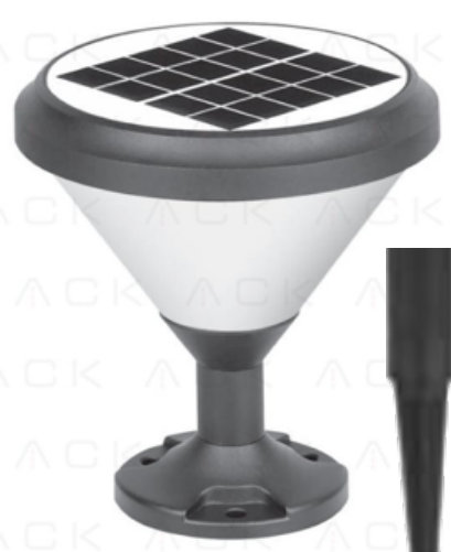 ACK დეკორატიული LED სანათი მზის ენერგიაზე, 6500K, IP65, 400 ლუმენი, 18650 3000 mAh, 185x85x215 მმ