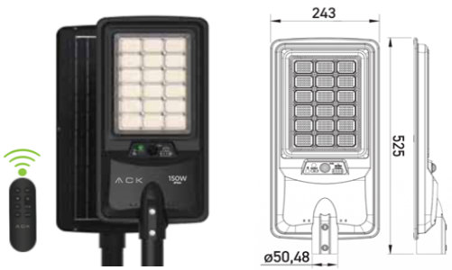 ACK გარე განათება მზის ენერგიაზე 150 W, მოძრაობის სენსორით, 6500K, IP65, 1250 ლუმენი, პულტით