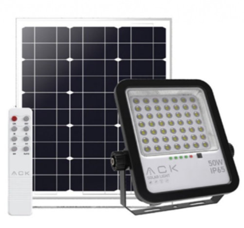 ACK მზის ენერგიაზე პროჟექტორი 50 W, მოძრაობის სენსორით, 6500K, IP65, 550 ლუმენი, პულტით