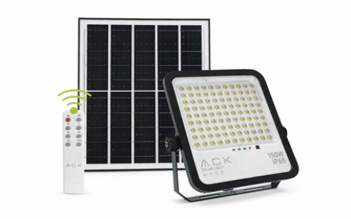 ACK მზის ენერგიაზე პროჟექტორი 150 W, მოძრაობის სენსორით, 6500K, IP65, 1650 ლუმენი, პულტით