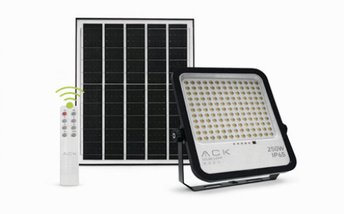 ACK მზის ენერგიაზე პროჟექტორი 250 W, მოძრაობის სენსორით, 6500K, IP65, 2750 ლუმენი, პულტით