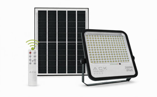ACK მზის ენერგიაზე პროჟექტორი 350 W, მოძრაობის სენსორით, 6500K, IP65, 3850 ლუმენი, პულტით