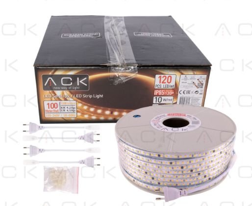 ACK ლედზოლი3000 კანდელი IP65 220V ლედ ზოლი 120 დიოდი/1მ/10 ვატი სიგანე 14 სმ (100მ)