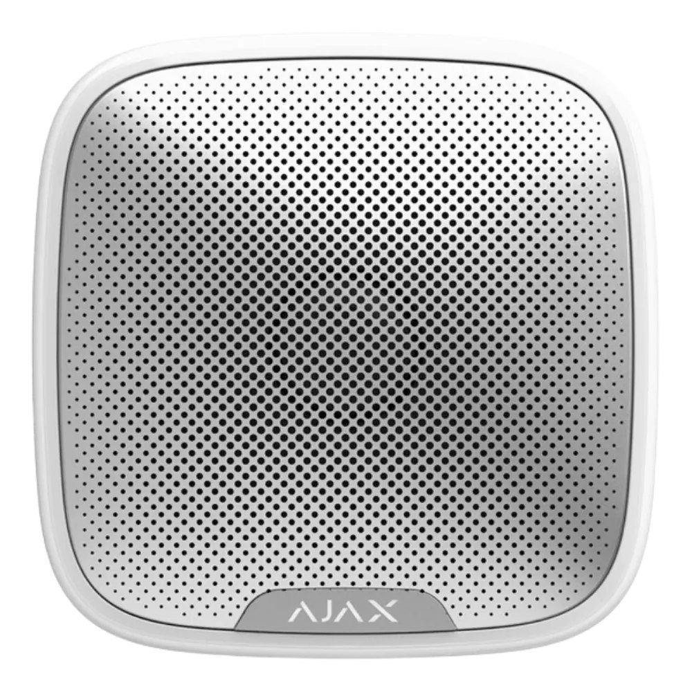 Ajax StreetSiren Jeweller — უსადენო გარე სირენა, თეთრი