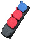Rubber combo socket block, 2 three-phase + 1 two-phase outlet, IP44, 3x25A, 380/415V, black