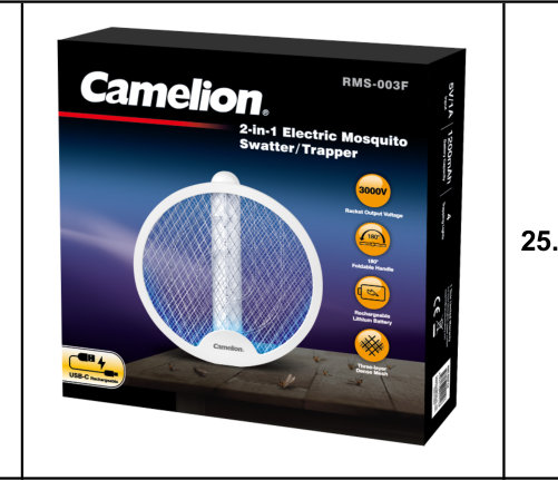 Camelion RMS-003F ელექტრო მწერსაკლავი რეკეტი-ხაფანგი 2-ში-1, Li-Ion, USB-C, 3000V, დასაკეცი სახელური 180°