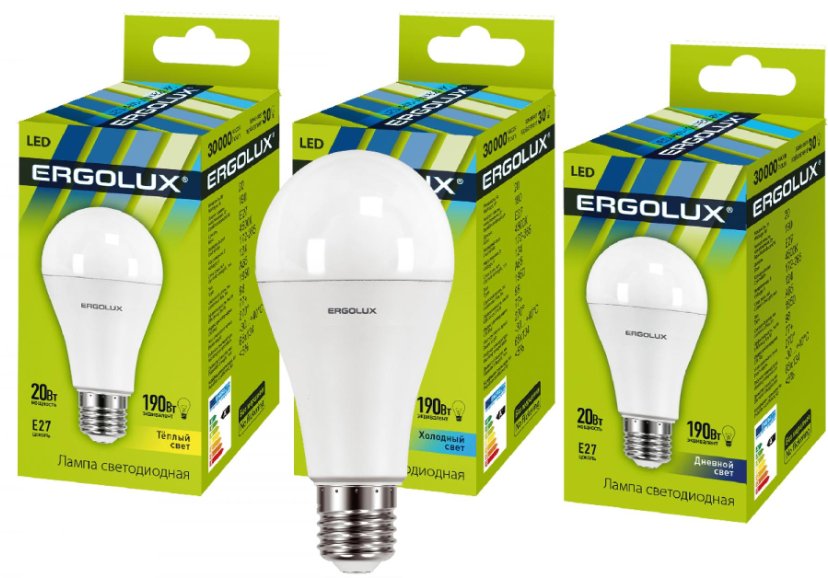 Ergolux LED-A65-20W-E27-3K energy-saving LED bulb, 20 W (190 W equivalent), warm light 3000K, E27 base, 1900 lm, size 65x125 mm
