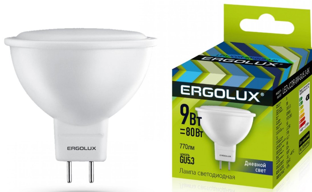 Ergolux LED bulb LED-JCDR-9W-GU5.3-6K energy-saving, 9 W (80 W equivalent), 6000K, cool light, 855 lm, size 50×52