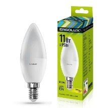 Ergolux LED lamps C35-11W-E14-3K ნათურა ლედ განათებით ეკონომიური 11 ვატი 95 ვატის ეკვივალენტი  თბილი  ნათება 3000 კანდელი 1045 ლუმენი E14 ცოკოლი ზომა 37×111