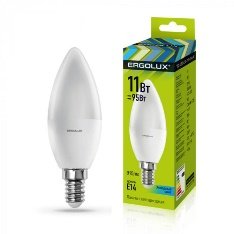 Лампа LED Ergolux C35-11W-E14-6K энергосберегающая, 11 Вт (эквивалент 95 Вт), холодный свет 6500K, 1070 лм, цоколь E14, размер 37×111