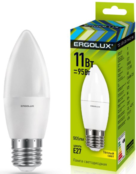 Ergolux LED lamps C35-11W-E27-3K ნათურა ლედ განათებით ეკონომიური 11 ვატი 95 ვატის ეკვივალენტი  თბილი  ნათება 3000 კანდელი 1045 ლუმენი E27 ცოკოლი ზომა 37×111