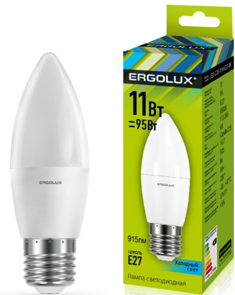 Ergolux C35-11W-E27-4K energy-saving LED bulb, 11 W (95 W equivalent), neutral light 4500K, 1060 lm, E27 base, size 37×111