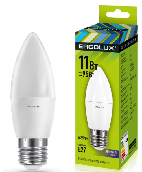 Ergolux LED bulb C35-11W-E27-6K energy-saving, 11 W (95 W equivalent), cool light, 6500K, 1070 lm, E27 base, size 37×111