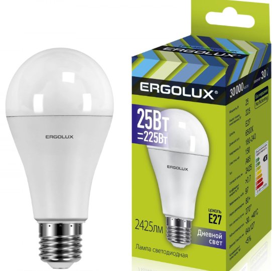 Ergolux Led Lamp  LED-A65-25W-E27-6K ნათურა ლედ განათებით ეკონომიური 25 ვატი  225 ვატის ეკვივალენტი   ცივი ნათება 6000 კანდელი E27 ცოკოლი 2400 ლუმენი ზომა 65x127 სმ