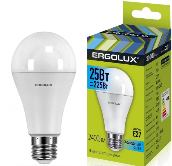Ergolux Led Lamp  LED-A65-25W-E27-4K ნათურა ლედ განათებით ეკონომიური 25 ვატი  225 ვატის ეკვივალენტი   ნეიტრალური ნათება 4000 კანდელი E27 ცოკოლი 2400 ლუმენი ზომა 65x127 სმ