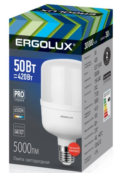 Ergolux Led Lamp PRO სერია  LED-HW-50W-E27-6K ნათურა ლედ განათებით ეკონომიური 50 ვატი=420  ,  6500 კანდელი 5000 ლუმენი E27 ცოკოლზე გადამყვანით E40  150-270 ვოლტი ზომა 118-191  T120