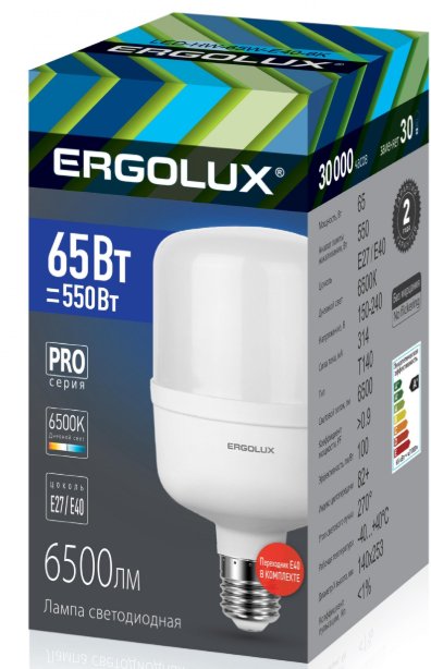 LED-лампа Ergolux серии PRO LED-HW-65W-E27-6K энергосберегающая, 65 Вт = 550, 6500K, цоколь E27 с переходником на E40, 150-270 V, размер 138×220, T140
