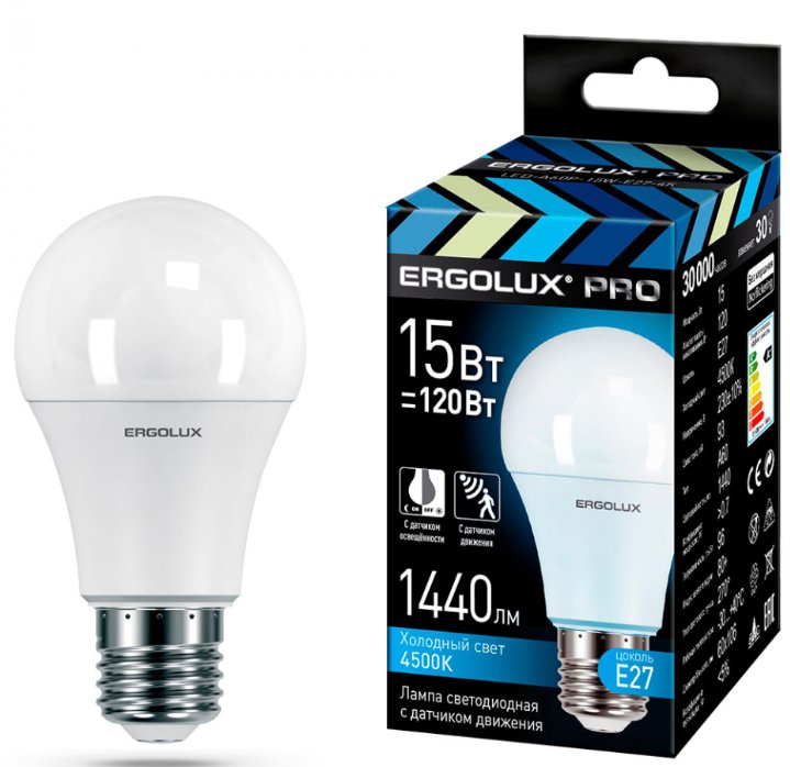 Лампа LED Ergolux LED-A60P-15W-E27-4K PRO (LED-лампа LON 15W E27 4500K 220-240V) со встроенными датчиками движения и освещённости. Принцип работы: 1. Выключена днём или при ярком освещении. 2. Автоматически включается ночью или в темноте при обнаружении движения. 3. Светит, пока вы находитесь в зоне обнаружения. 4. Автоматически отключается через 30 секунд при отсутствии движения.