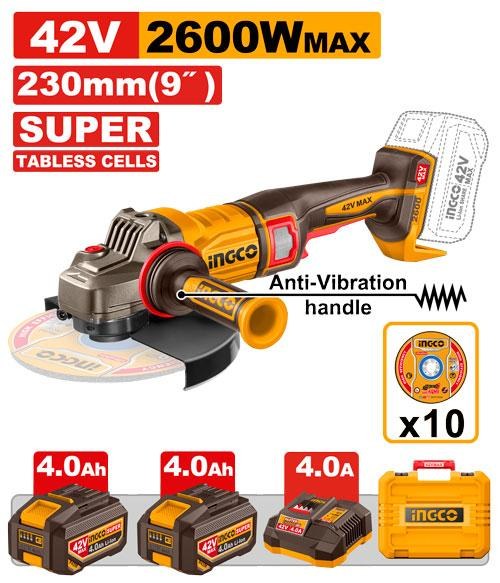 Li-Ion უნახშირო ელ. კუთხსახეხი 42V-230MM (CAGLI4260182)