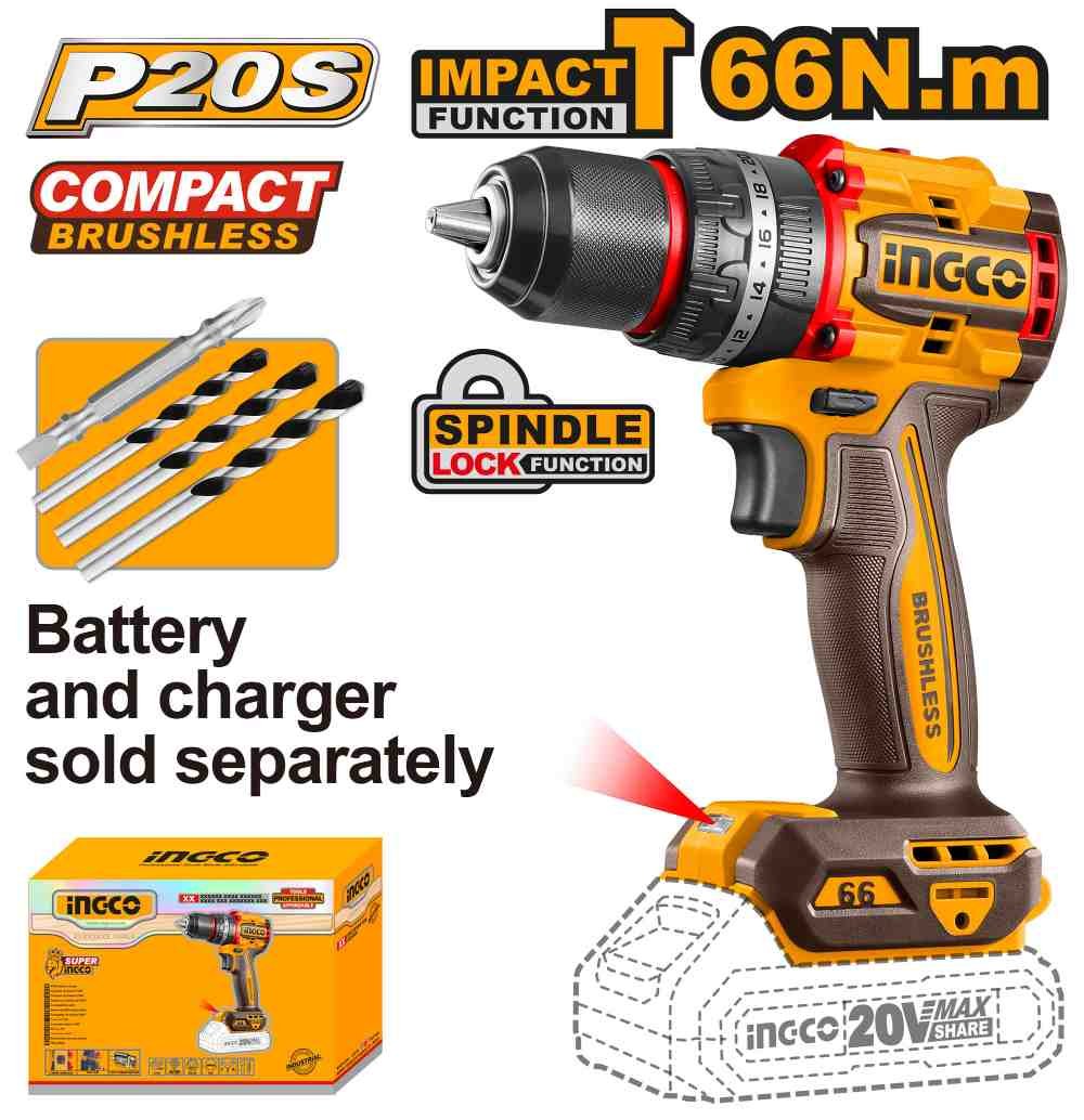 INGCO Lithium-Ion compact brushless cordless impact drill driver 20V, 66 Nm (CIDLI206681)