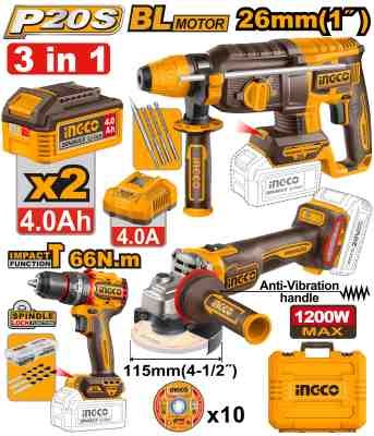 Lithium-Ion ელ. პერფორატორის, კუთხსახეხისა და ხრახნდამჭერის კომპლექტი 3ც-ნი 20V (CKLI202598)