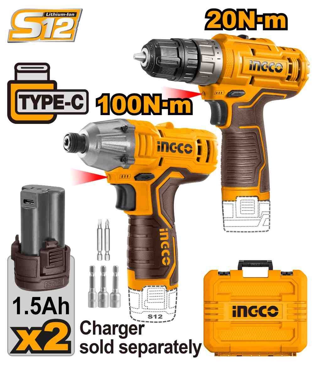 INGCO cordless combo kit 12V, 2 pcs: drill driver and impact driver, USB Type-C (COSLI240586)
