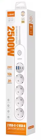 LDNIO extension cord/surge protector SE1, 4-outlet power strip, USB-C x1, USB-A x3, USB PD Quick Charge, 2500W, 10A, 2 m